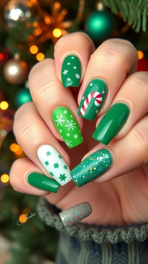 Trendy Green Christmas Nail Designs for 2025 A display of trendy green Christmas nail designs for 2025, featuring various shades and festive patterns.